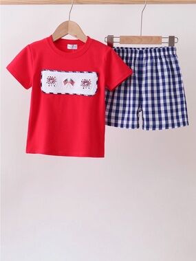 Kids Red Short Sleeve Pajama Set with Blue Gingham Shorts - Unbranded